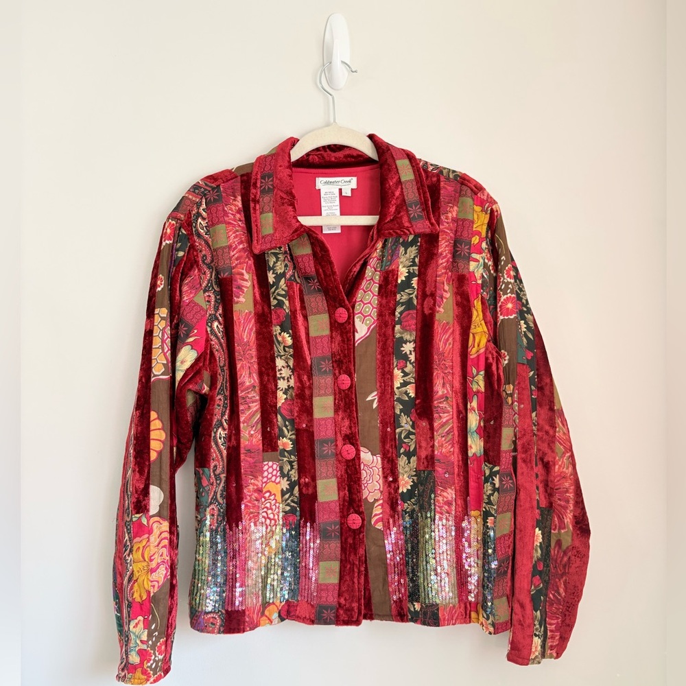 COLDWATER CREEK Red Velvet Tapestry Patchwork Sequin Jacket Womens L Boho Artsy